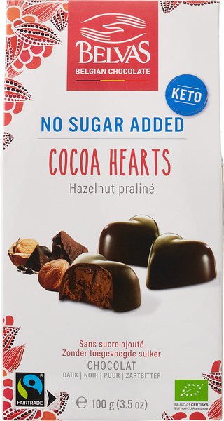 Inimi de Ciocolată Neagră cu Praliné de Alune, fără Zahăr ECO, Belvas – 100g - imagine 2